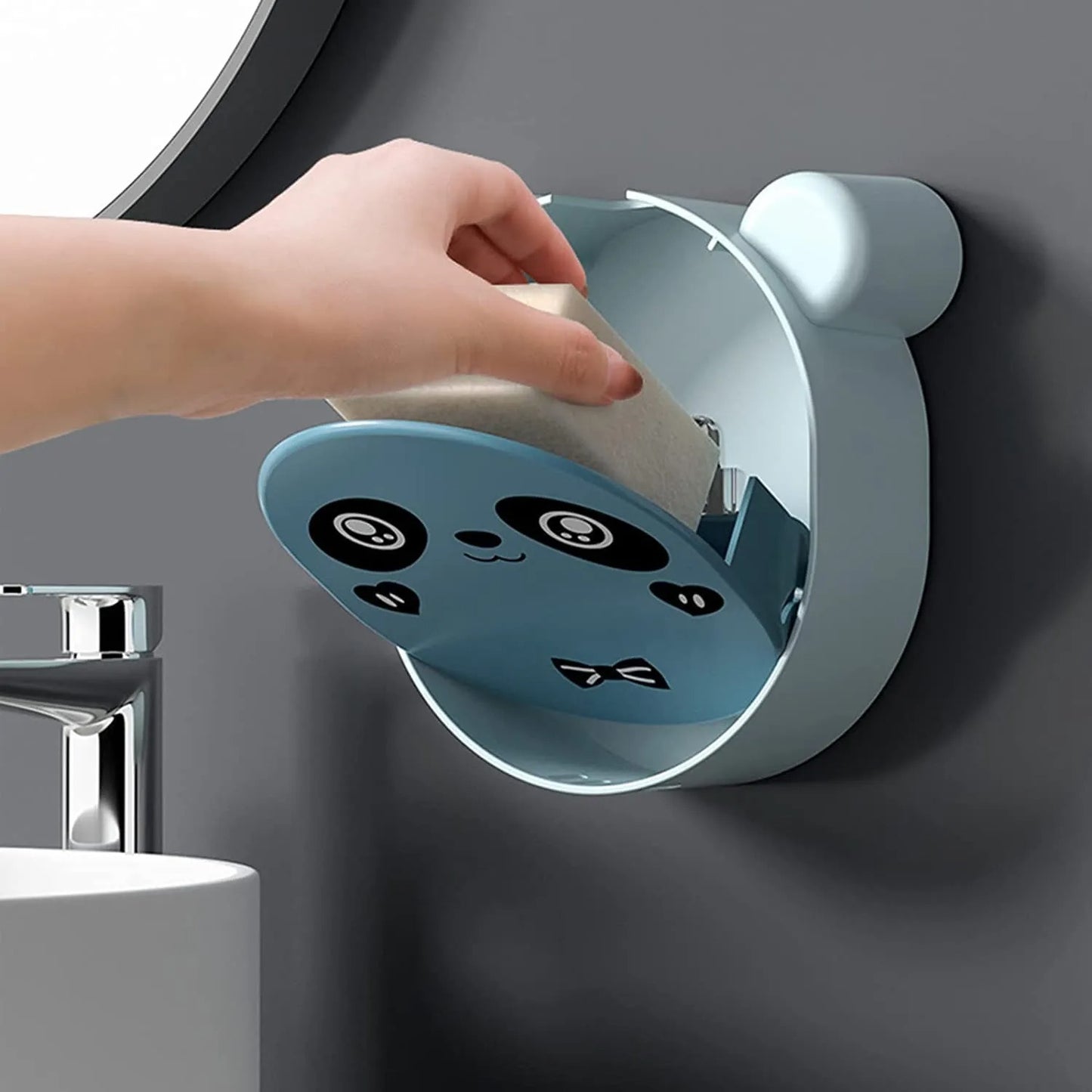 Wall Mounted Cute Panda Soap Dish Holder – Punch-Free Plastic Soap Box Rack for Bathroom &amp; Kitchen Storage (Random color)